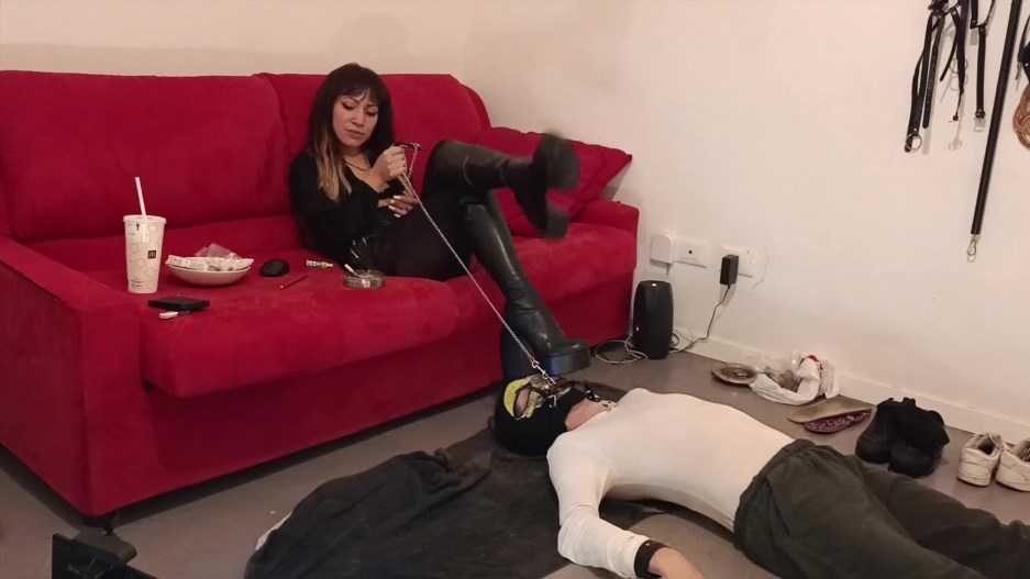Goddess Sandra Domina - Ignored footstool with new boots and dangling while smoking SECOND POV | Mix Femdom Online Tube